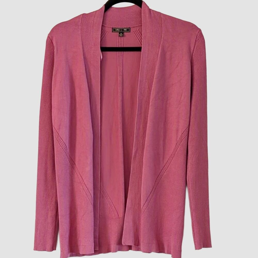 Lety & Me Pink Ribbed Open Front Cardigan M Lightweight Long Sleeve Sweater